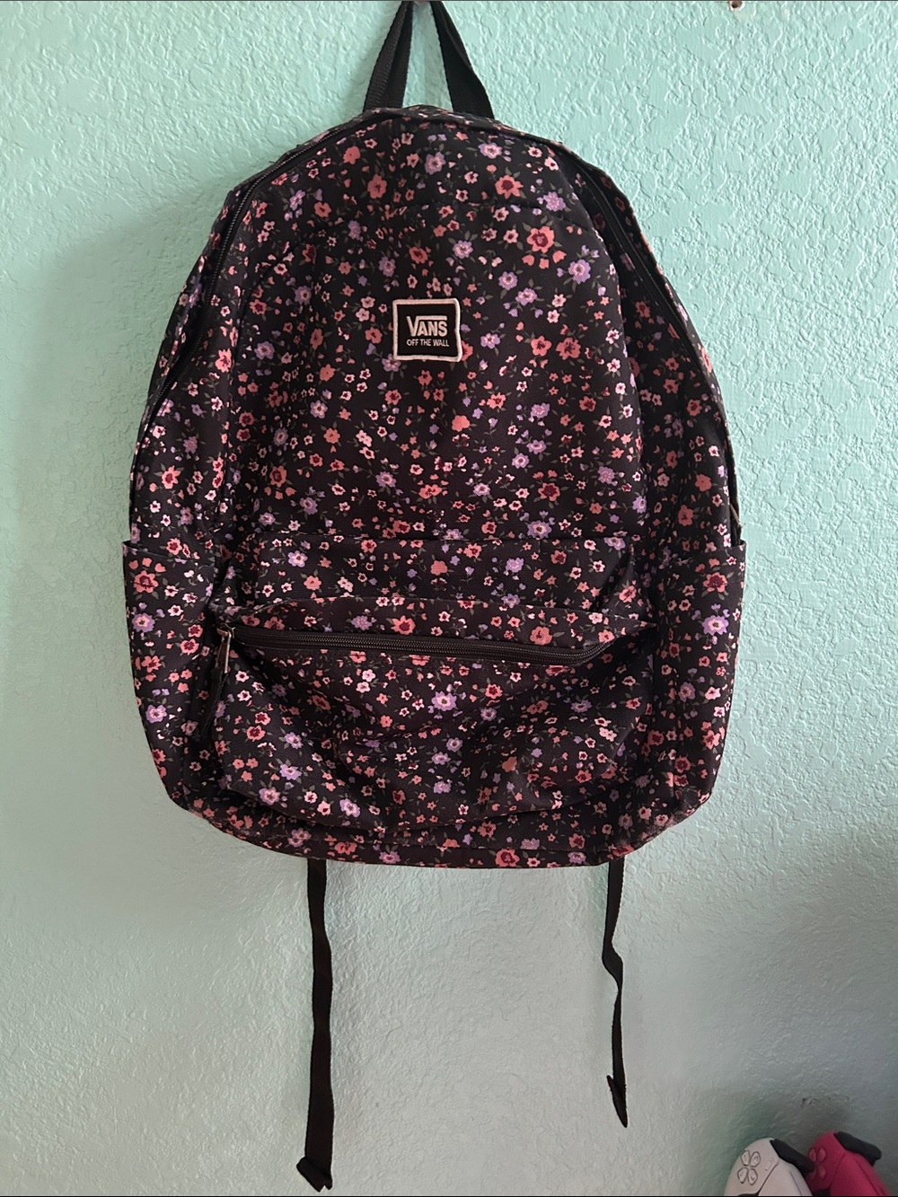 Vans Black Floral Backpack with Pink & Purple Flowers